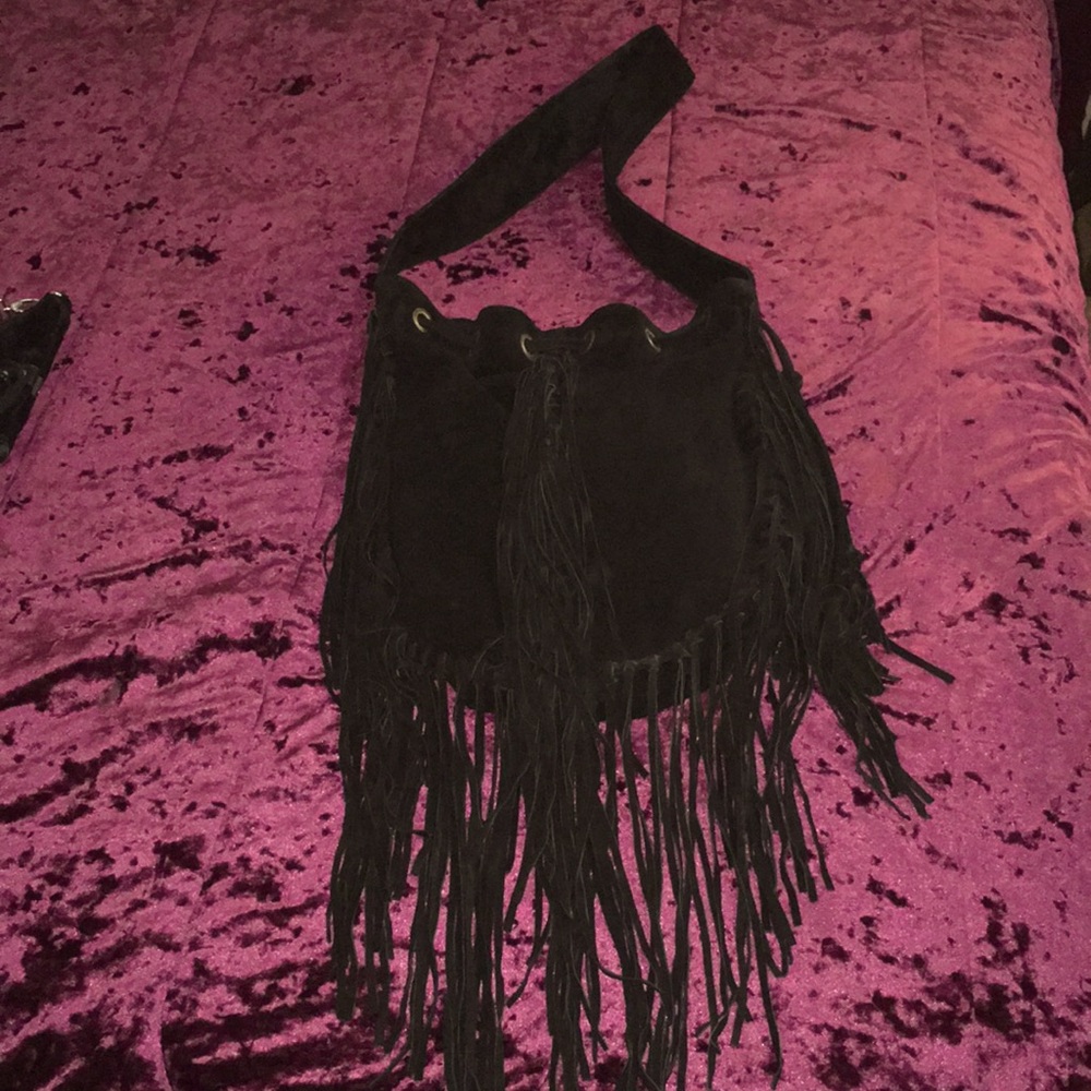 100% black suede long fringe hobo bag / boho goth / free people 🌙✨ fairycore